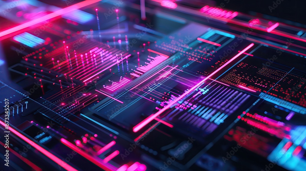 Poster futuristic digital circuit board with glowing neon lights and abstract tech patterns. high-tech inte