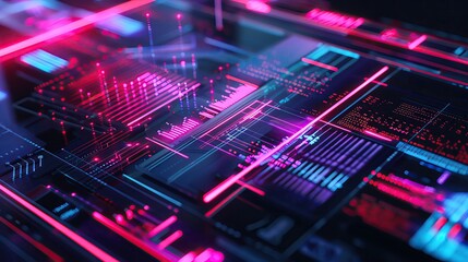 Fototapeta premium Futuristic digital circuit board with glowing neon lights and abstract tech patterns. High-tech interface concept.