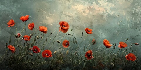 Fototapeta premium Abstract Field of Poppies: Red Flowers Against a Misty Sky in a Digital Artwork