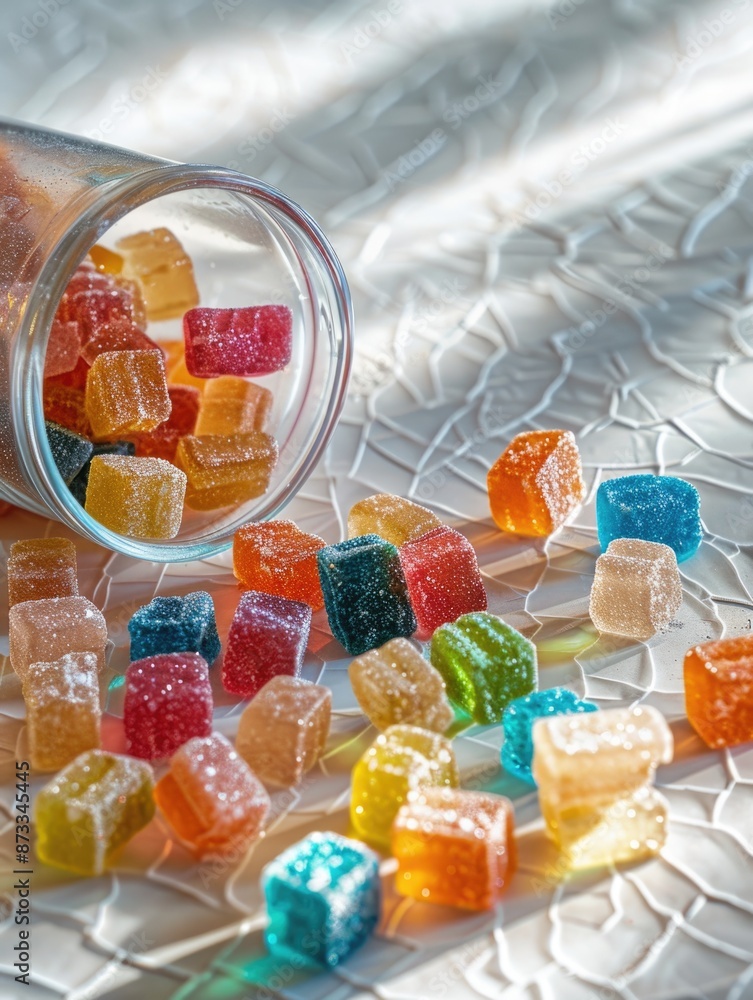 Poster a jar of colorful candy is open and scattered on a table. the candy is in various shapes and colors,