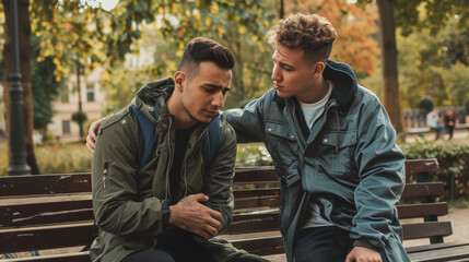 Fototapeta premium Compassionate Friend Consoling Upset Man on Park Bench