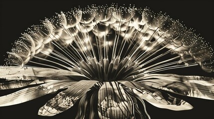  A grayscale photograph featuring a flower with illuminated petals surrounding the center