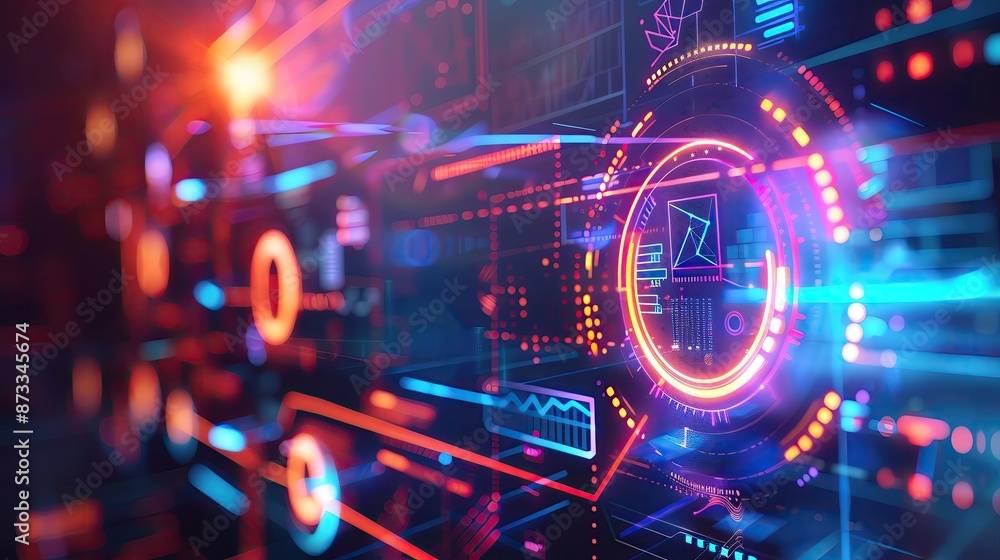 Poster futuristic digital interface with vibrant neon lights and complex data visualizations, representing 