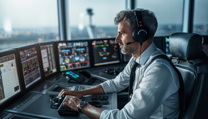 Fototapeta premium A professional using a headset and suit operates multiple screens in a control center, showcasing vigilance and technological management in an advanced technical environment.