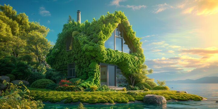 Eco-Friendly Cottage Covered in Lush Greenery by Serene Lake with Sunlit Sky