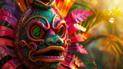 Obraz premium Vibrant Traditional Mayan Mask Amidst Lush Foliage
