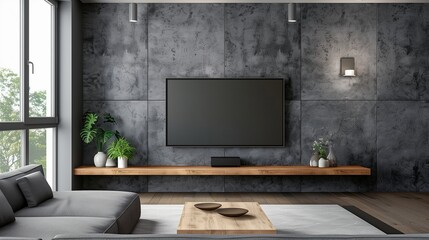 Fototapeta premium Stylish grey textured wall design with a floating walnut LCD rack in a contemporary living room