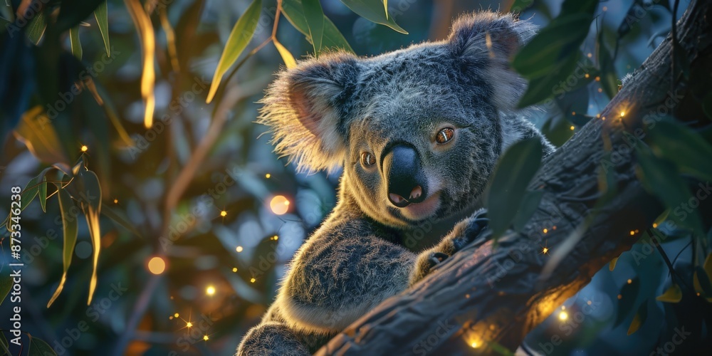 Poster a koala is sitting on a tree branch. the tree is surrounded by a lot of leaves and the branches are 