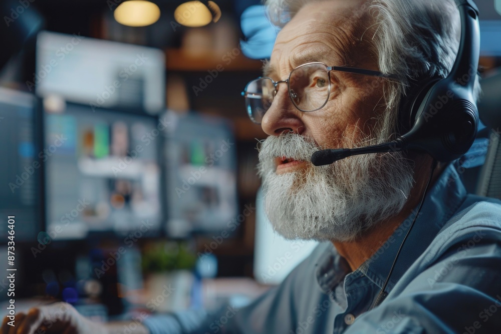 Poster a man wearing glasses and a headset is sitting in front of a computer monitor. he is focused on his 