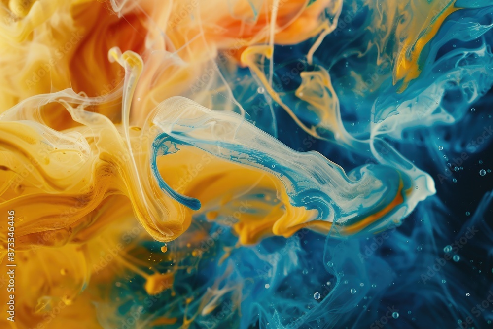 Poster the image is a colorful abstract painting with yellow and blue swirls. the colors are vibrant and th