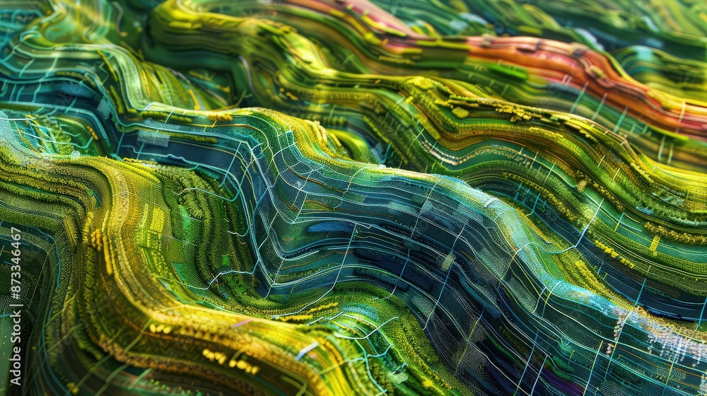 Poster an aerial view of a digital landscape with layers of vibrant, flowing data streams forming an intric