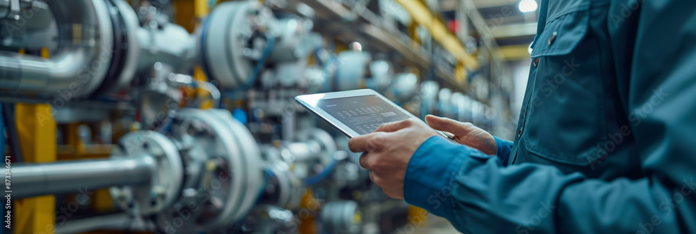 Poster a businessman using a digital tablet in a modern factory
