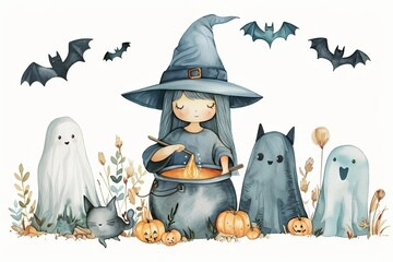 A charming handdrawn watercolor scene of a little witch brewing a potion in a cauldron