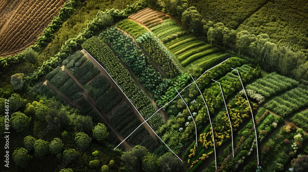 Poster an aerial view of a lush field with different crops forming a sharply ascending line graph pattern, 