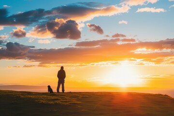 distant silhouette of person and dog at green hill on horizon, at golden hour, distant view copy space on sky. Life with pet. 