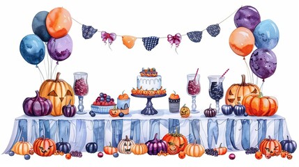 Naklejka premium A picturesque handdrawn watercolor painting of a childfriendly Halloween display with carved pumpkins and autumn decorations