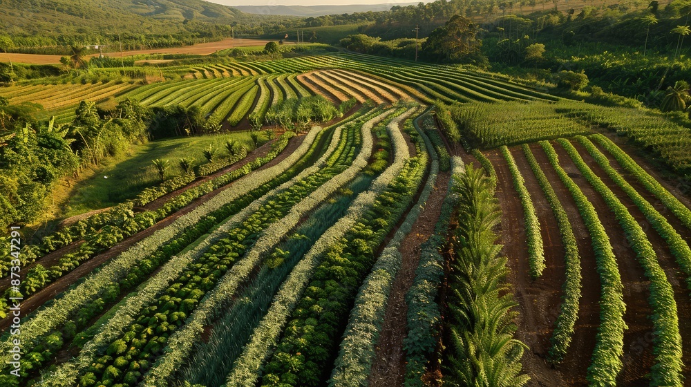 Poster an aerial view of a lush field with different crops forming a sharply ascending line graph pattern, 