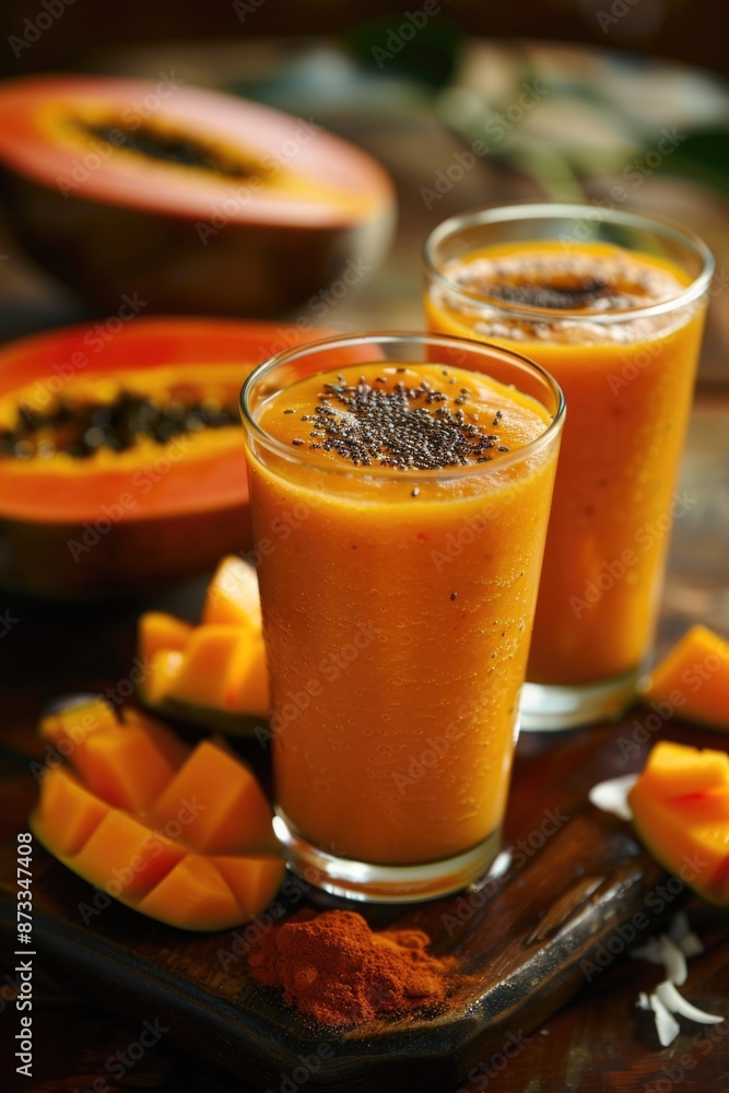 Poster two glasses of orange juice with a slice of mango on the side. the juice is topped with a sprinkle o