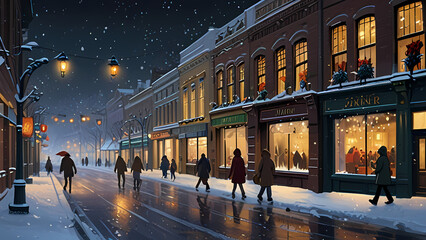 Obraz premium bustling city street transformed by a heavy snowfall, with people bundled up in winter clothes, shop windows glowing warmly, and snowflakes creating a magical atmosphere