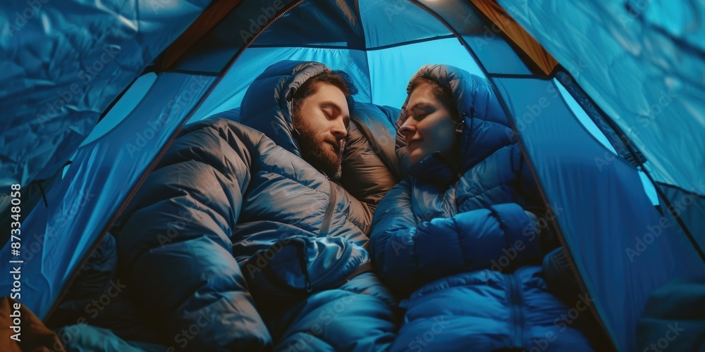 Poster a man and woman are sleeping in a tent. the man is wearing a blue jacket and the woman is wearing a 