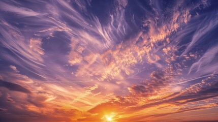 Fototapeta premium An amazing cloudscape where thin cirrus clouds stretch like delicate tendrils across a brilliant orange and purple sunset.