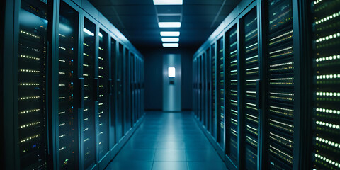 Rows of illuminated server racks in a darkened data center, ideal for technology articles, cybersecurity brochures, or website banners related to cloud computing.