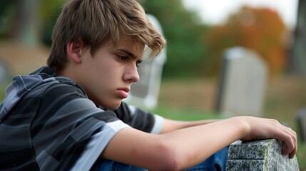 Pensive Teenager Sitting Alone in a Cemetery Contemplating Life