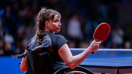 Determined Young Athlete Playing Wheelchair Table Tennis