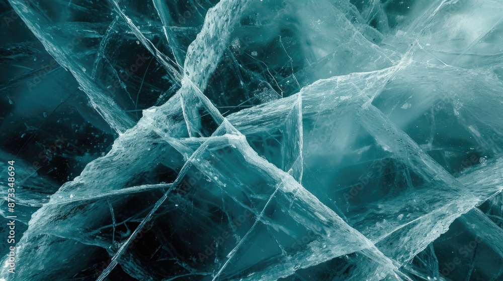 Poster a blue and white image of ice with a lot of cracks and splinters. the image has a cold and desolate 