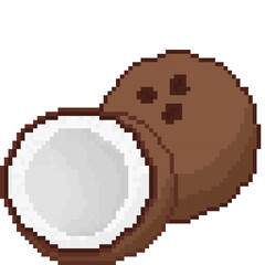 A retro-styled pixel-art illustration of a brown coconut.
