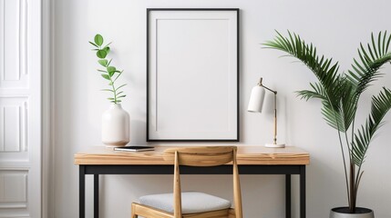 A sleek modern desk setup in a home office, featuring clean white walls and warm wood tones
