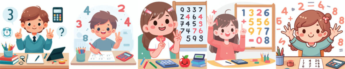 vector set Little boy learns mathematics by counting on fingers