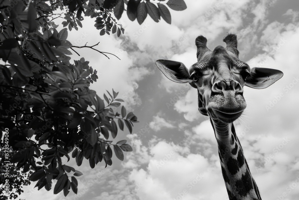 Poster a giraffe is looking at the camera with its mouth open. the image is in black and white, giving it a
