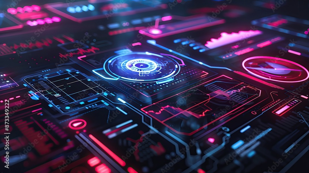 Poster futuristic interface with digital data visualization and holographic elements, showcasing advanced t