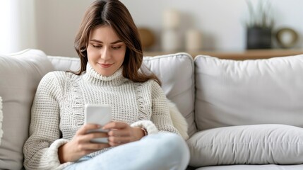 A woman sits on a white couch, wearing a white sweater and blue jeans, while looking at her phone