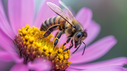 A macro shot of a bee pollinating a flower, illustrating the intricate balance of nature in sustaining fragile ecosystems.
