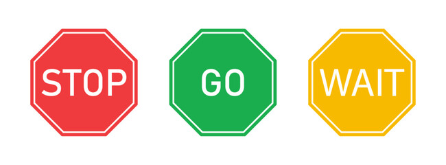 Stop, go and wait sign icon. Stop, wait and go sign symbol set with red, yellow and green color. Road sign symbol. Vector illustration.