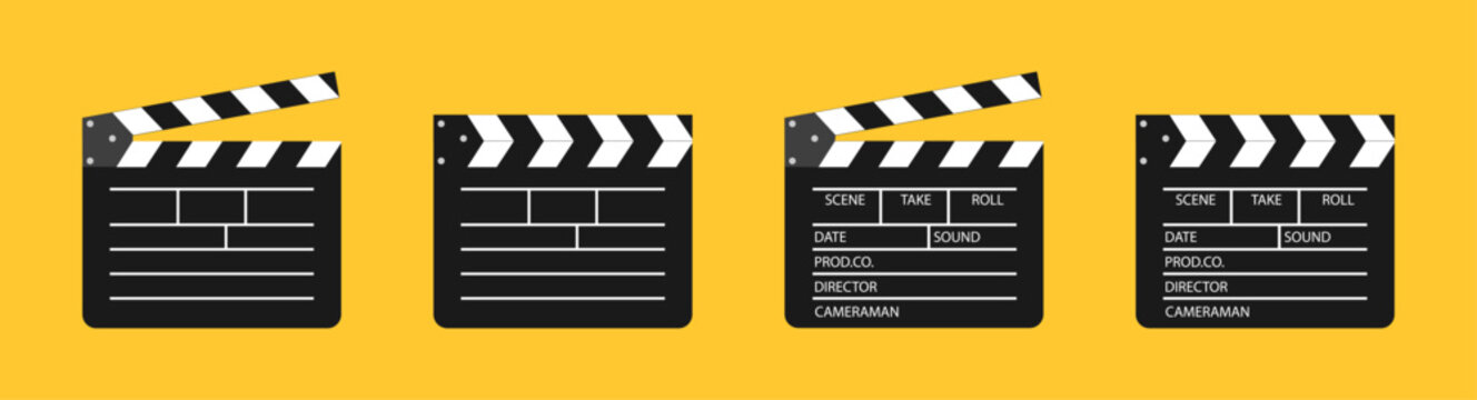 Clapper board vector icon set. Opened and closed movie clapper film clap board. Movie, cinema, film symbol concept. Director clapboard. Filmmaking, video production industry equipment.
