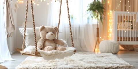 Cozy Nursery with Teddy Bear on Swing, Soft Lighting, Neutral Tones