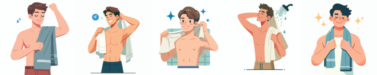 vector set of young men drying the body with a towel after showering