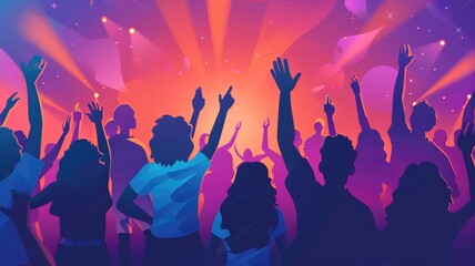 Abstract illustration of people raising their hands and enjoying a concert.