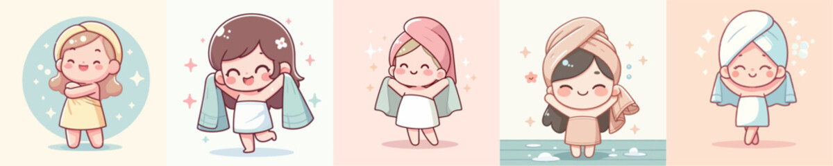 vector set of Little boy drying body with towel after bathing
