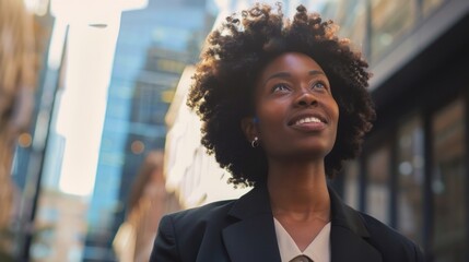 Obraz premium A woman with curly hair is walking down a city street, smiling and looking up at the sky