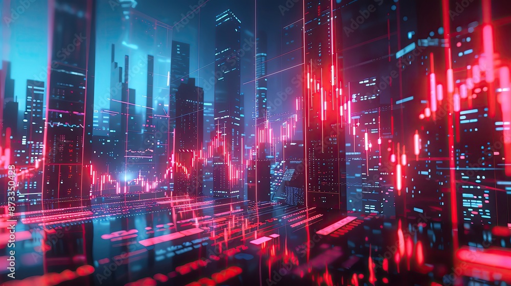 Poster futuristic cityscape with glowing neon lights and fluctuating graphs representing data analysis, tec