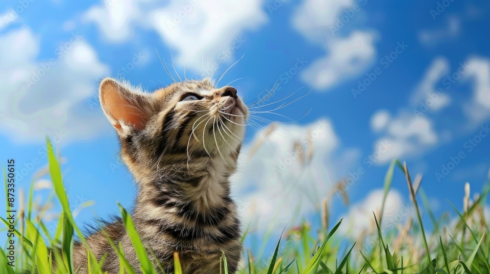 Sticker Tabby kitten in grass looking up blue sky with clouds