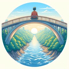Concept "Water Under the Bridge", a person watching water flow peacefully under a bridge, looking relieved.
