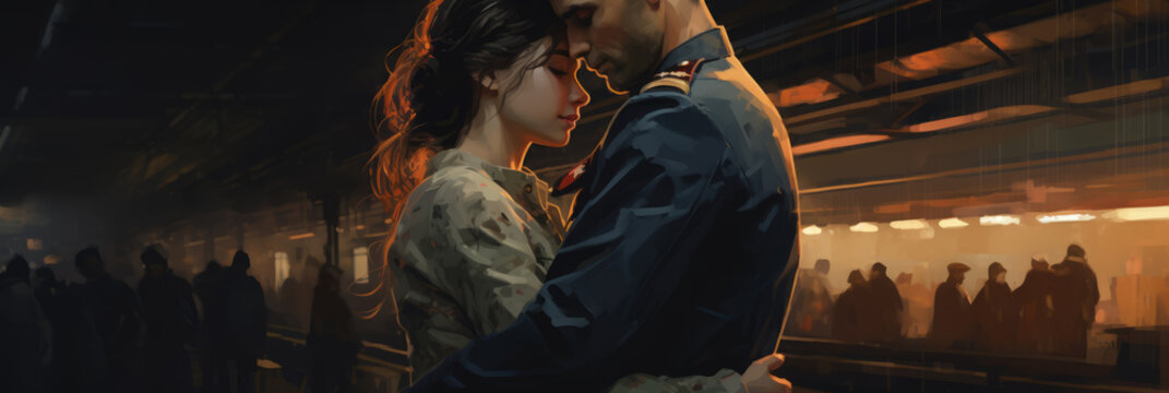 tender moment of a soldier reuniting with their partner at a train station, with emotional expressions and a warm embrace.