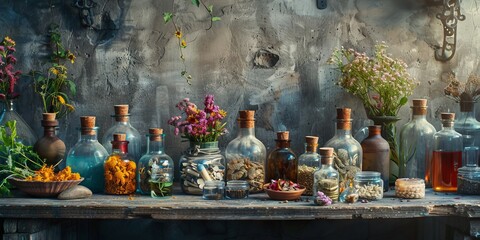 Fototapeta premium Rustic Apothecary of Dried Herbs, Flowers, and Potion Bottles: A Tabletop Still Life with Natural Blends