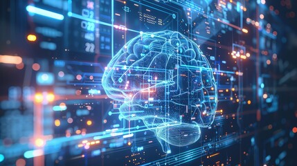 An artistic representation of a digital brain, composed of holographic circuits and glowing data streams against a futuristic interface backdrop.