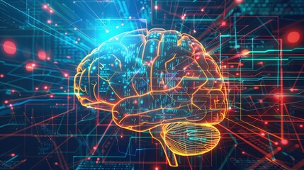An artistic representation of a digital brain, composed of holographic circuits and glowing data streams against a futuristic interface backdrop.